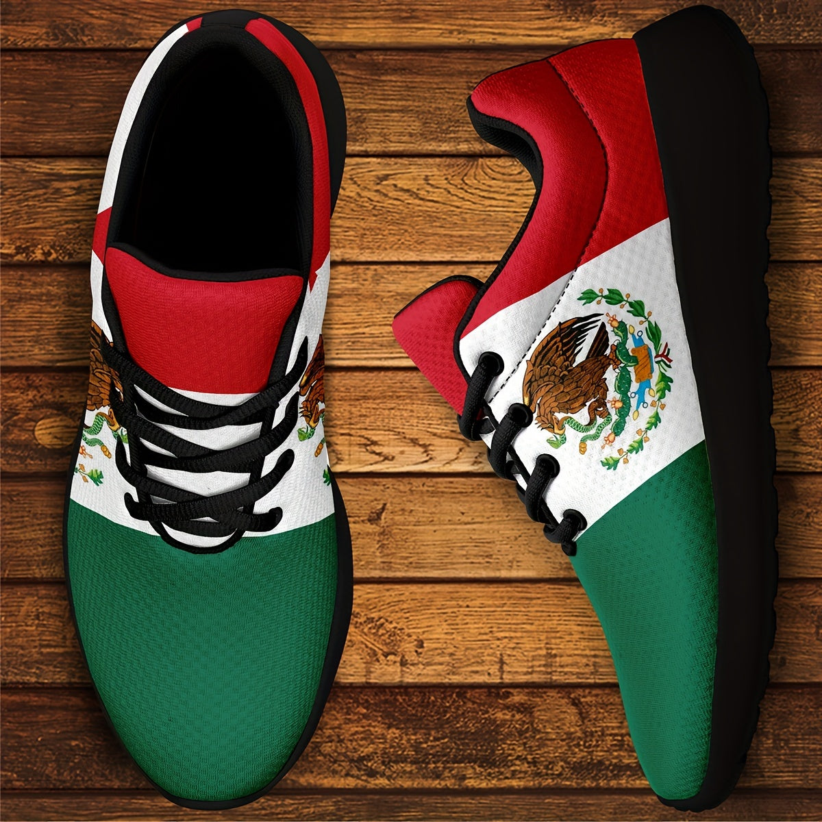 Plus Size Men's Trendy Mexico National Flag Pattern Sneakers, Comfy Non Slip Casual Soft Sole Lace Up Shoes For Men's Outdoor Activities