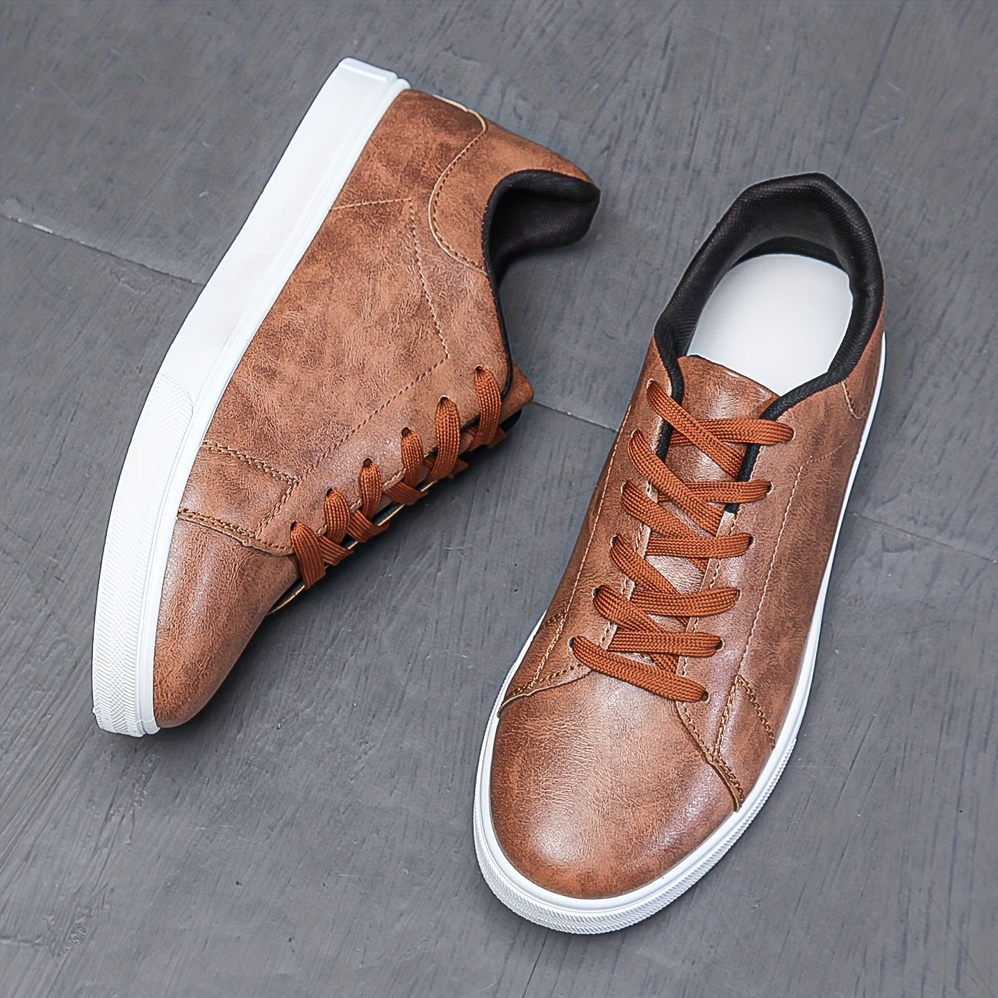 Men's Lace-up Sneakers, PU Leather Skate Shoes With Good Traction, Breathable