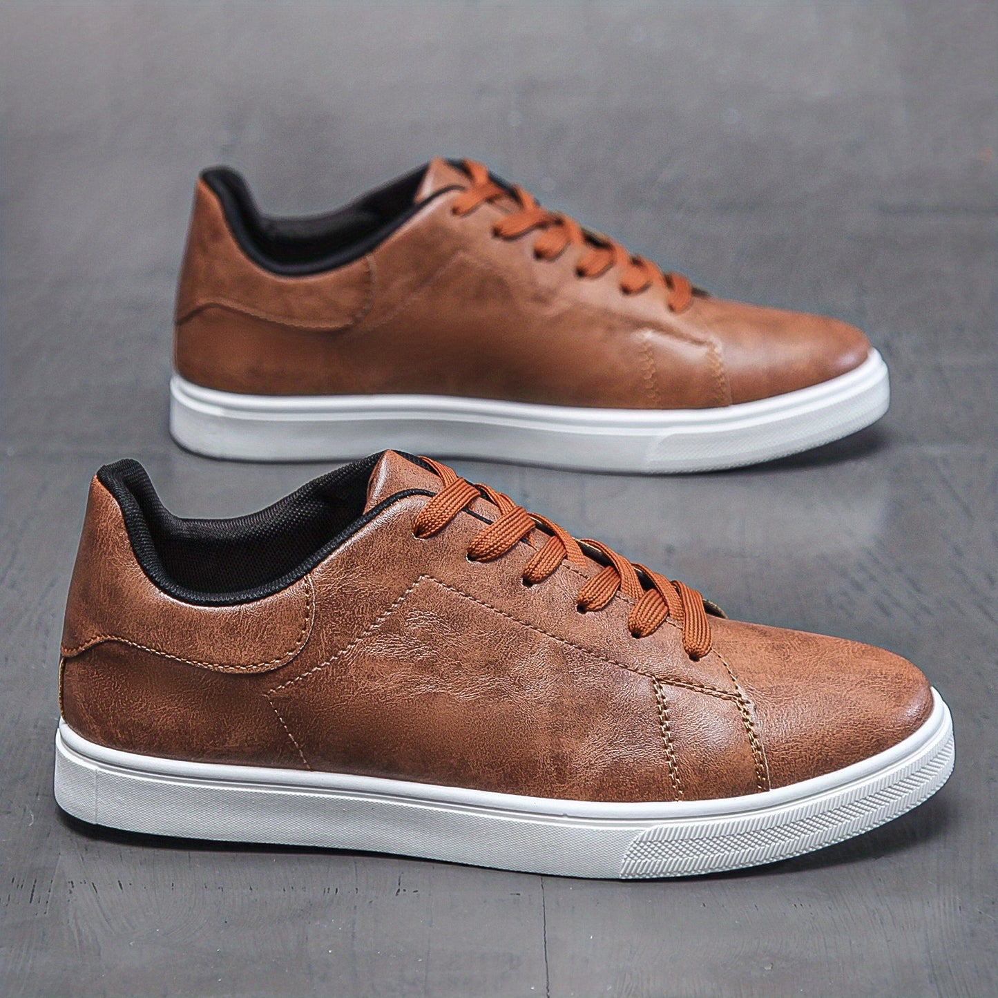 Men's Lace-up Sneakers, PU Leather Skate Shoes With Good Traction, Breathable